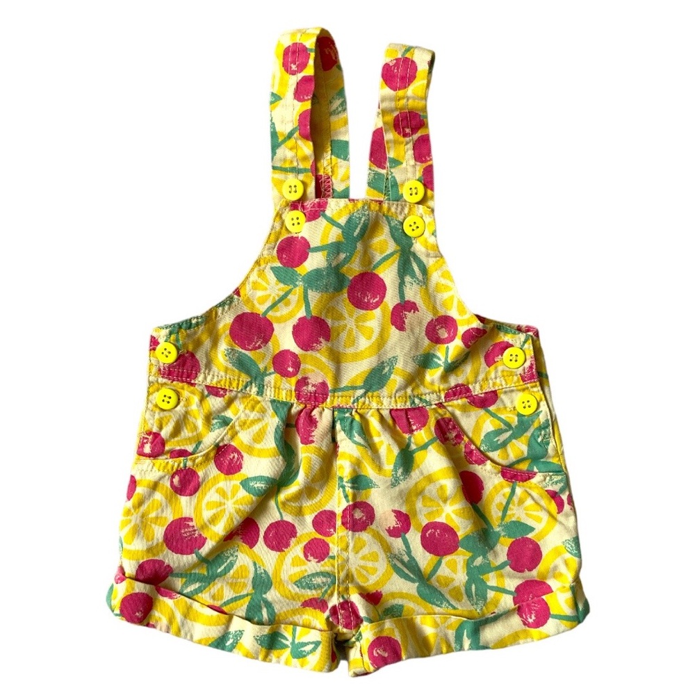 VINTAGE 90s Overalls Shorts Shortalls Jumper Romper Summer Cherries Yellow Red